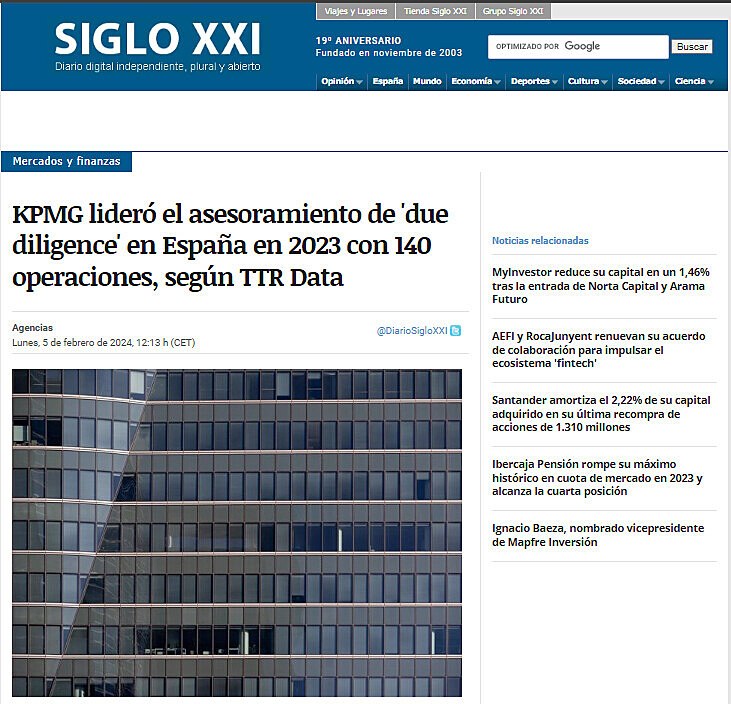 KPMG lider el asesoramiento de 'due diligence' en Espaa en 2023 con 140 operaciones, segn TTR Data
